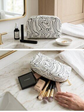 ​🔥 The Vintage Cosmetic Company Luxury Makeup Bag Black White Marble Abstract